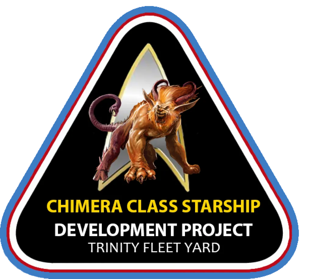 Der Chimera Klasse Batch. Er ist dreieckig und zeigt mit der Spitze nach oben. Es ist eine Chimäre über einer Sternenflotten Insignia zu sehen. Darunter steht der Text "Chimera Class Starship - Development Project Trinity Fleet Yard"